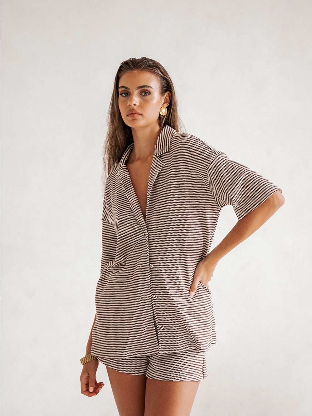 SABO Mallory Top & Shorts Set - Cream Brown Stripe